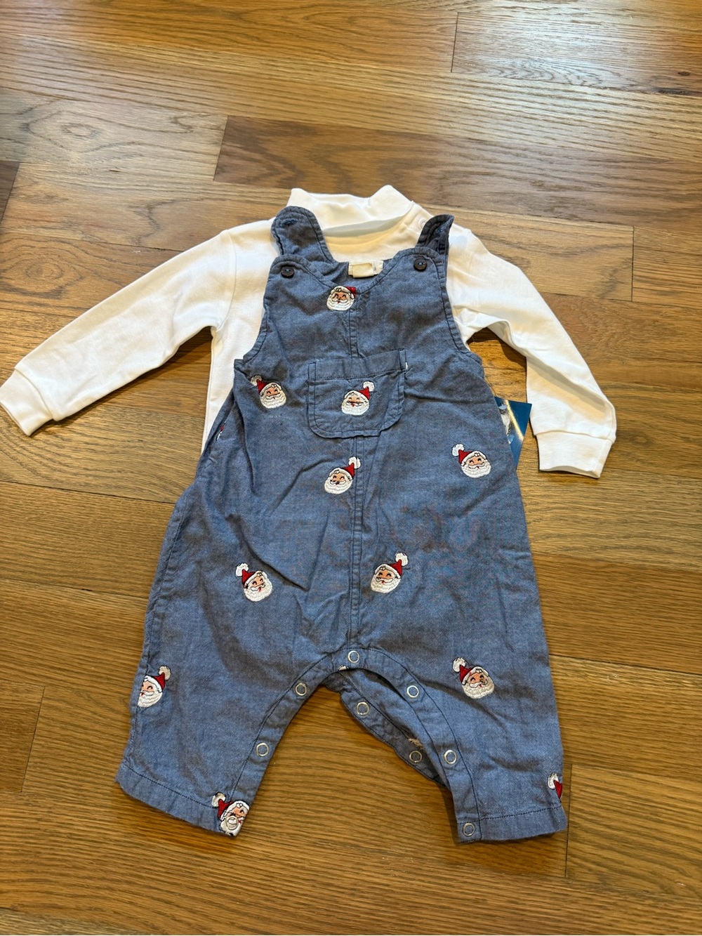 Pink Chicken Blue Rooster Santa Embroidered Denim-Blue Overalls with White Shirt